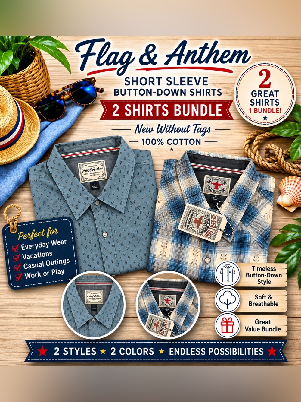 NWOT Men’s Short-Sleeve Shirt 100% Cotton Bundle of 2 shirts both are Large